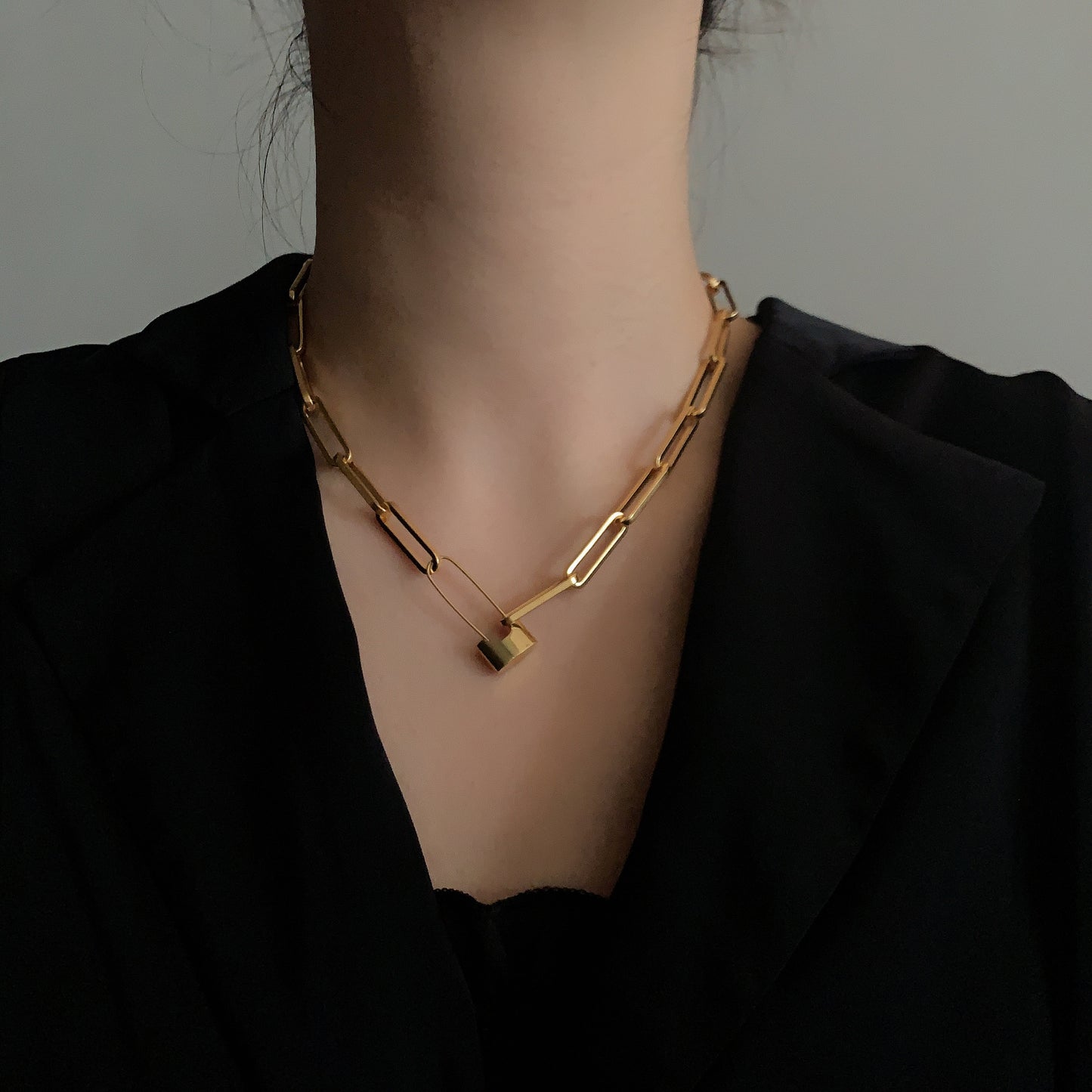 Gold Lock Pin Chain Choker Necklace