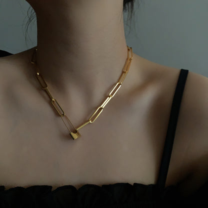 Gold Lock Pin Chain Choker Necklace