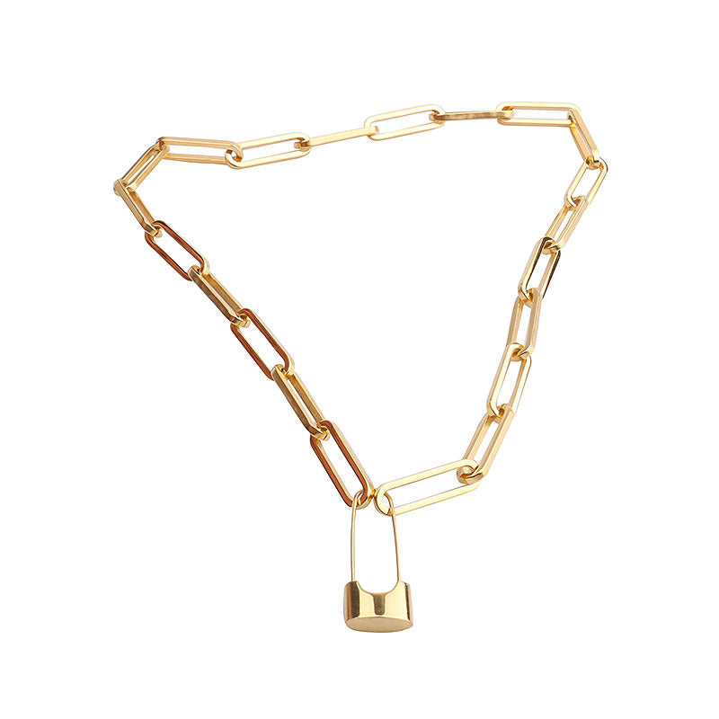 Gold Lock Pin Chain Choker Necklace